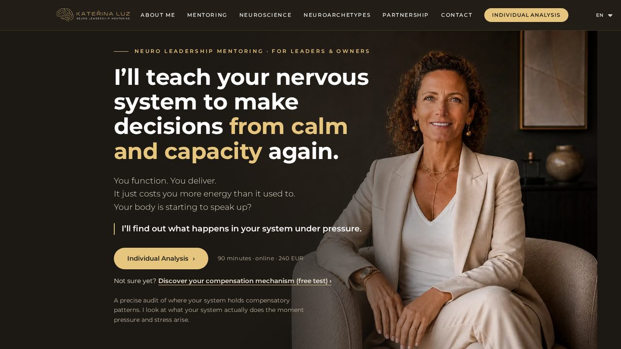 Kateřina Luz website: neuro-leadership mentoring for leaders, with her portrait