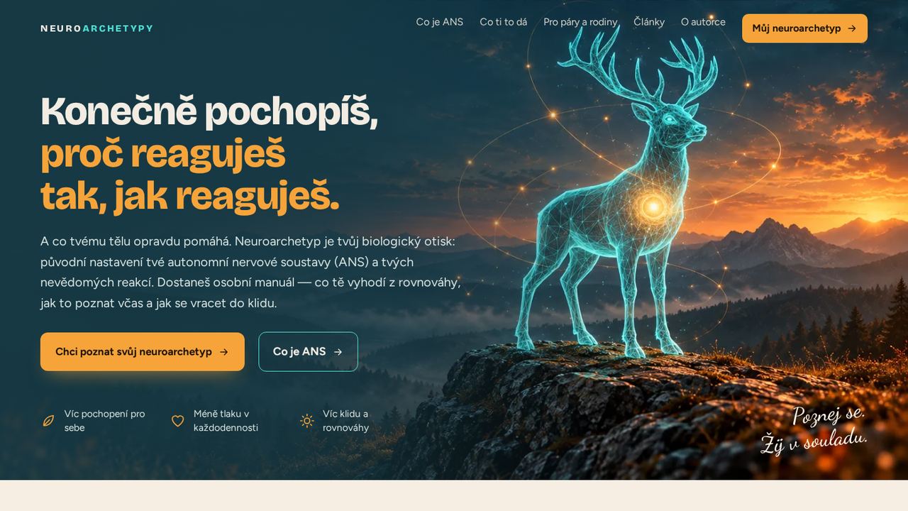 Neuroarchetypy online shop: a glowing deer on a mountain at sunset, headline in Czech about understanding why you react the way you do